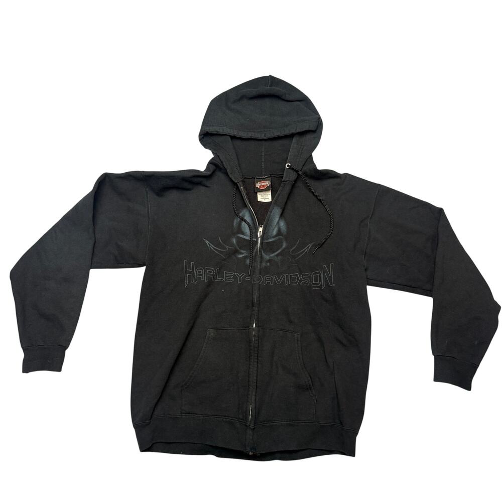 Vintage Y2K Harley Davidson Skull Full Zip Hoodie Men's Medium Harbor City Biker